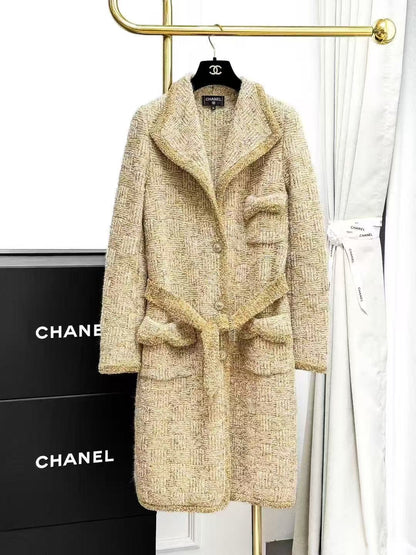 Chanel 20A Haute Couture Atelier Long Knitted Cardigan with Gold-Tone Fine Shimmer Collar