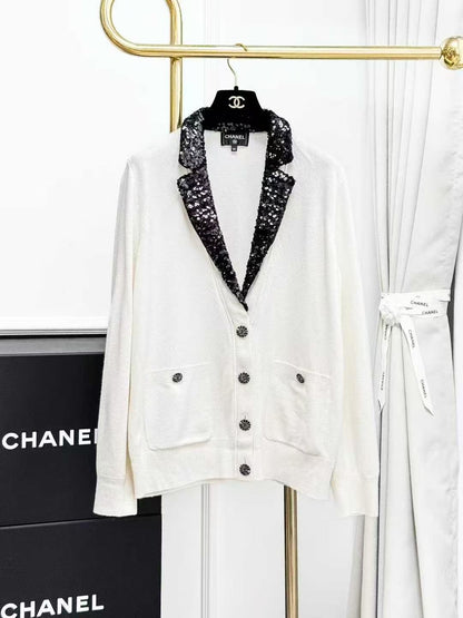 Chanel 23C White and Black Sequined Collared Cardigan