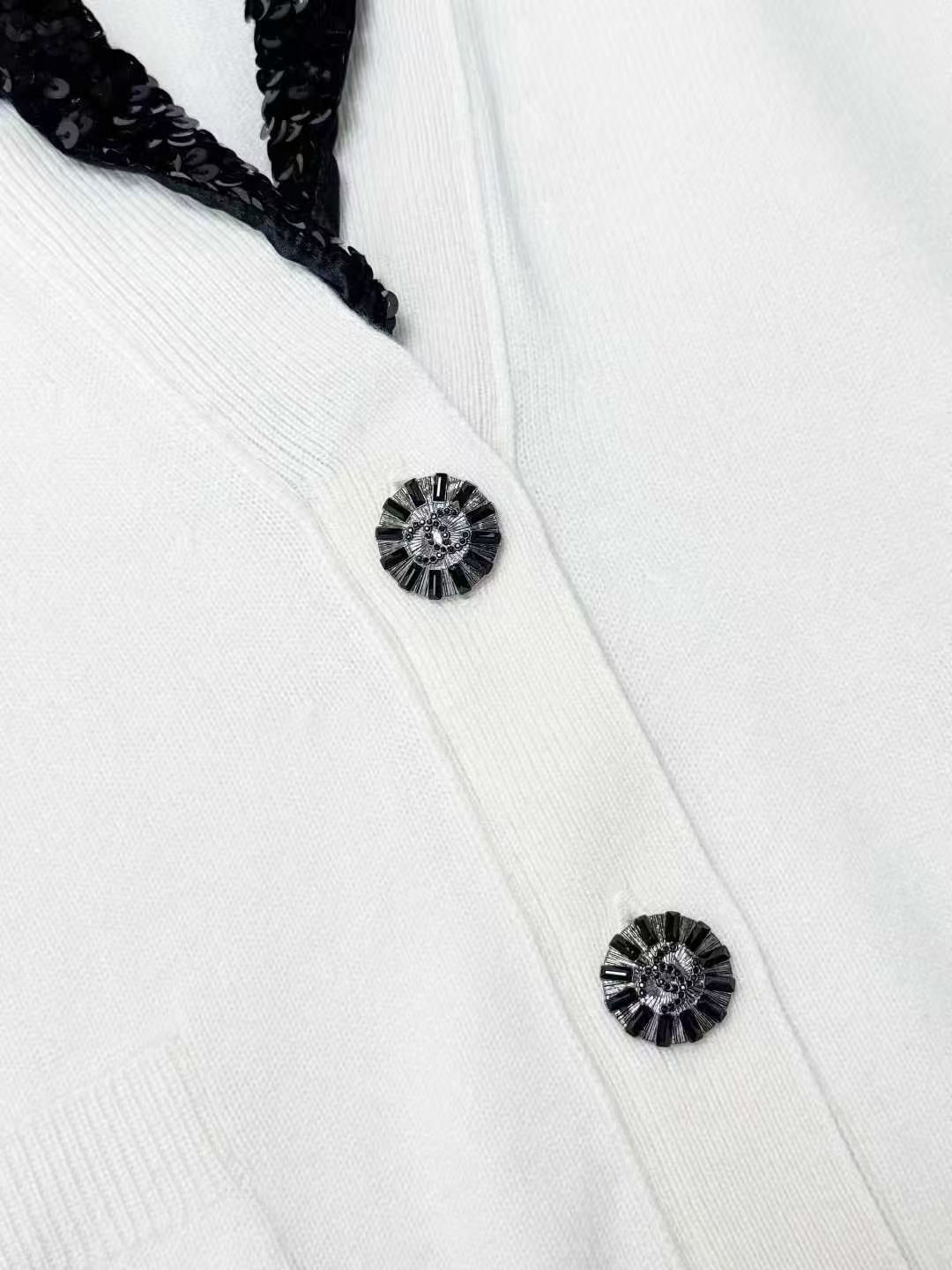 Chanel 23C White and Black Sequined Collared Cardigan