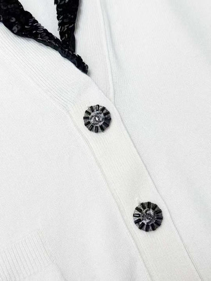 Chanel 23C White and Black Sequined Collared Cardigan