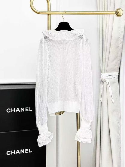 Chanel 25P White Ruffled Double C Openwork Long-Sleeved Knitted Top