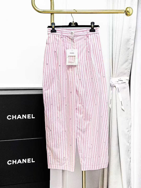 Chanel 24M Coco Beach Pink and White Vertical Stripe Rhinestone-Embellished Trousers