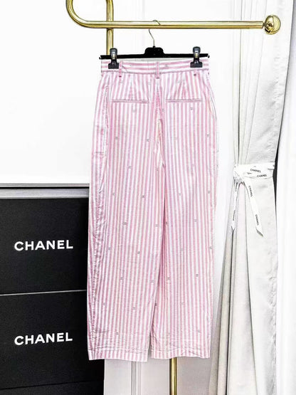 Chanel 24M Coco Beach Pink and White Vertical Stripe Rhinestone-Embellished Trousers