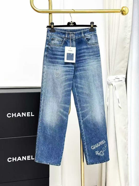 Chanel 24B Blue Heart Straight-Leg Jeans