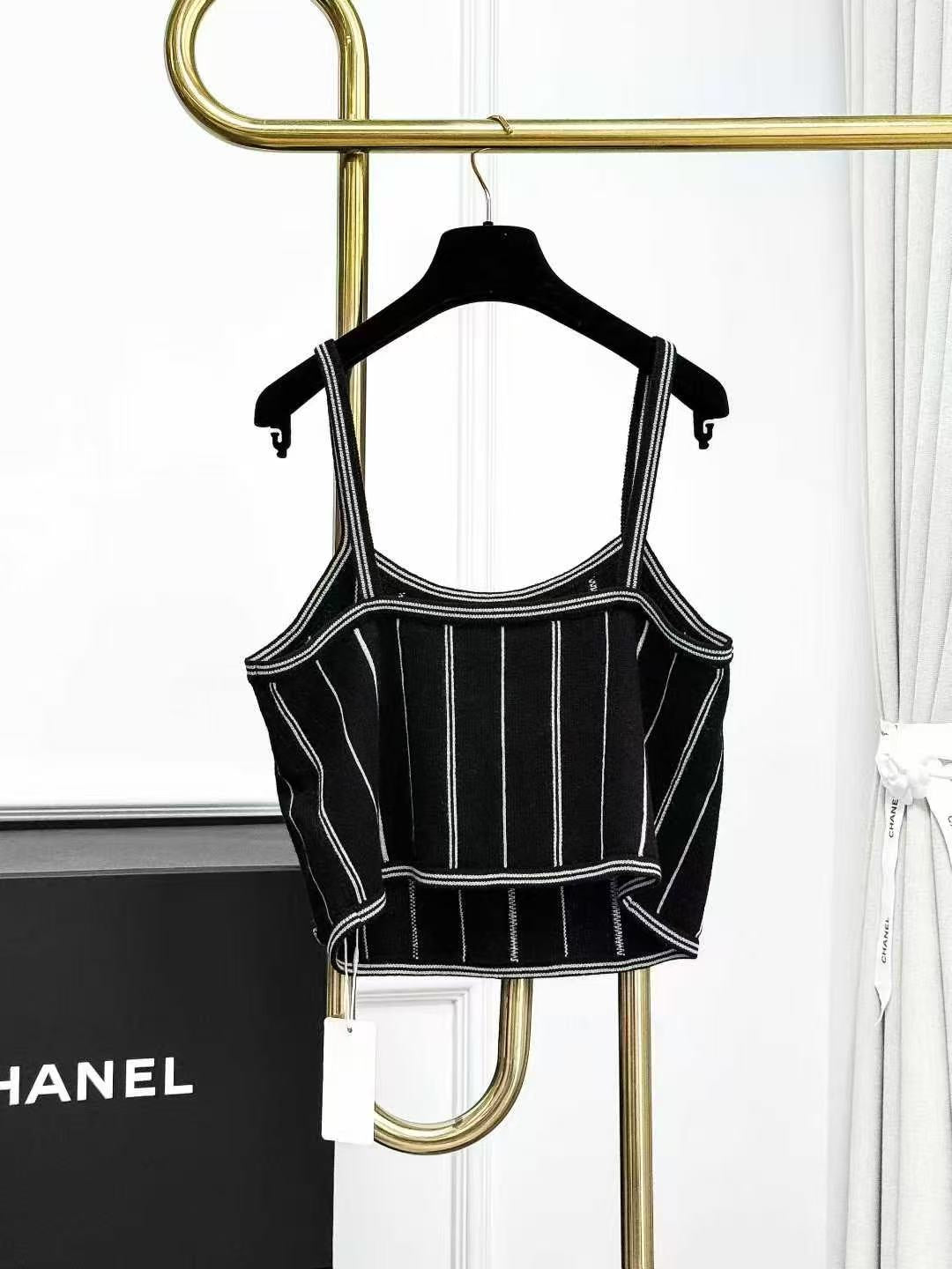 Chanel 23P Black Vertical Stripe Knitted Halter Neck Top