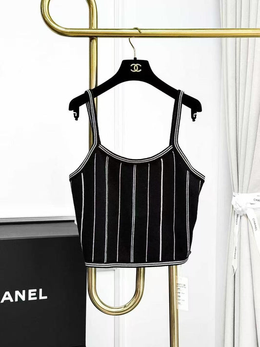 Chanel 23P Black Vertical Stripe Knitted Halter Neck Top