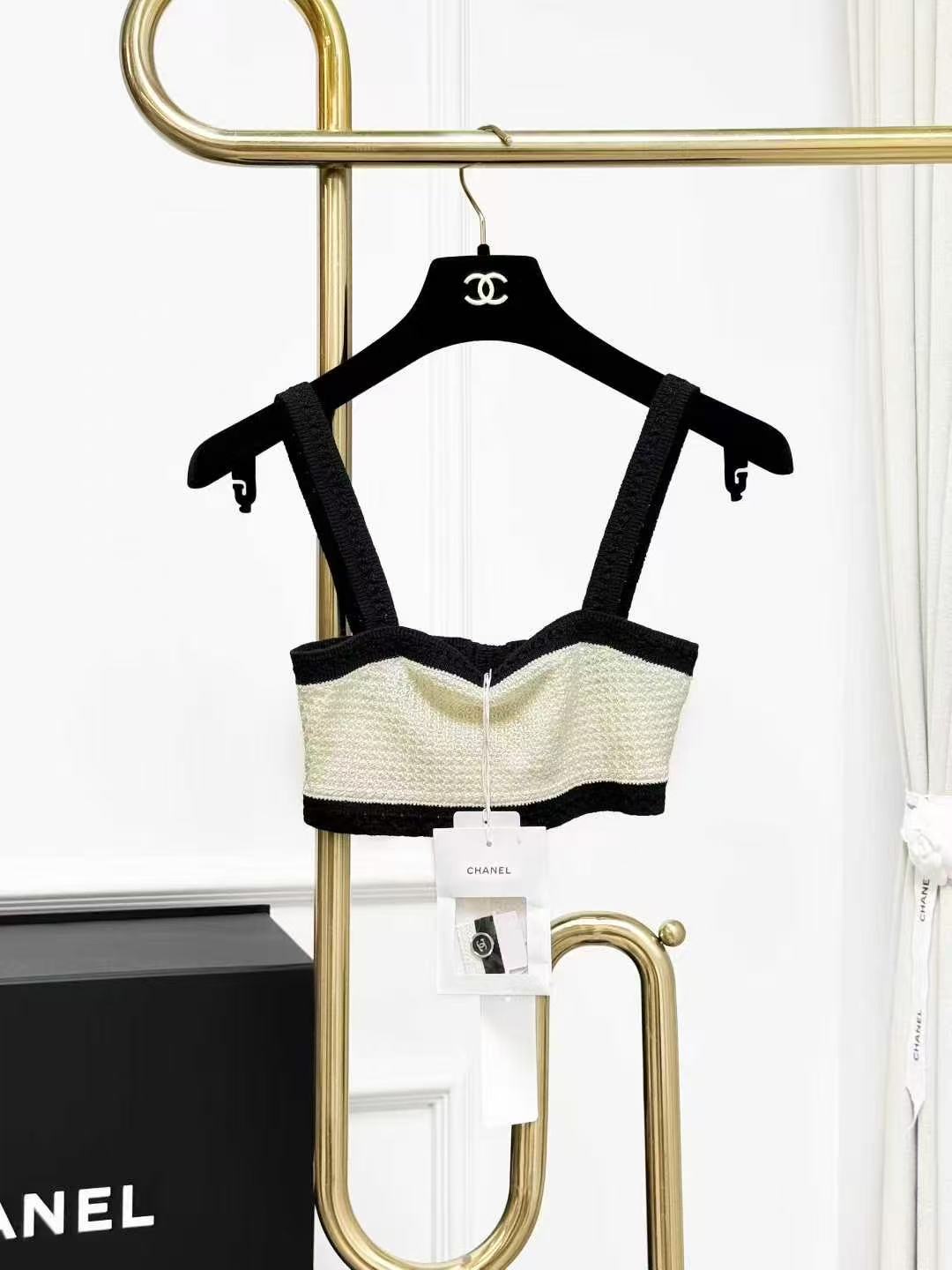 Chanel 24P Beige and Black Trim Reversible Cropped Knitted Halter Top