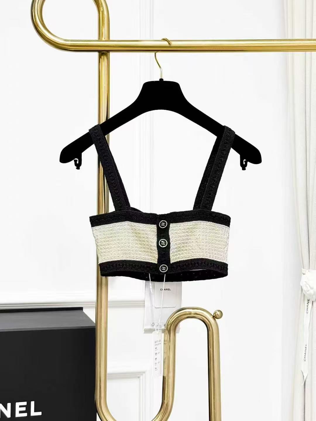 Chanel 24P Beige and Black Trim Reversible Cropped Knitted Halter Top