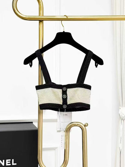 Chanel 24P Beige and Black Trim Reversible Cropped Knitted Halter Top