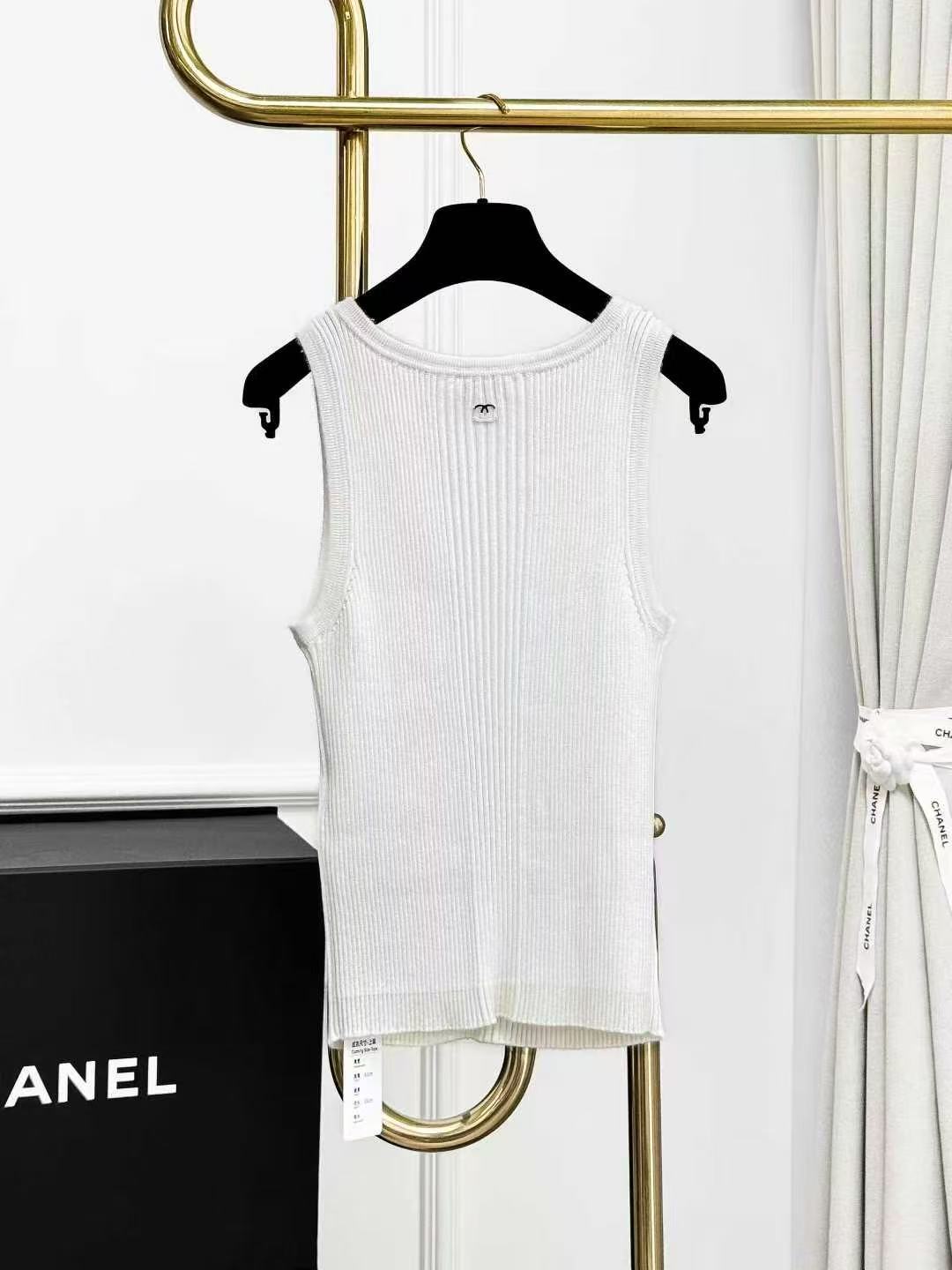 Chanel 25C White Openwork Double C Vertical Stripe Knitted Vest