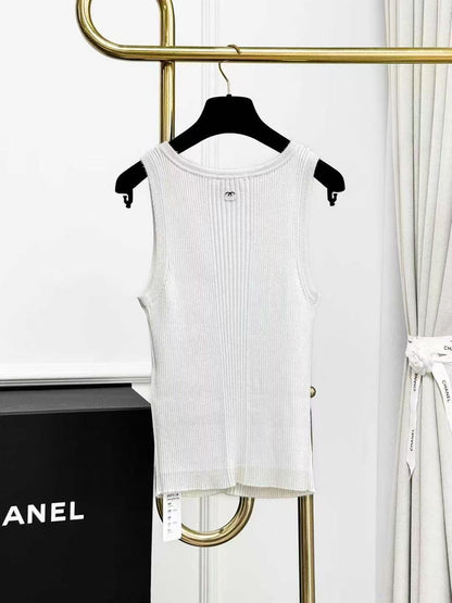 Chanel 25C White Openwork Double C Vertical Stripe Knitted Vest