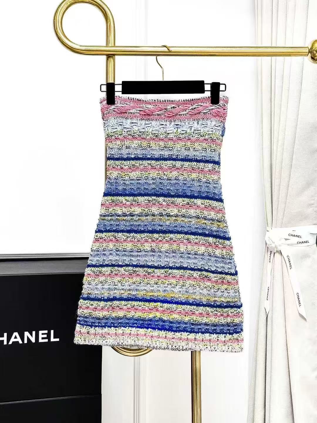 Chanel 21P Powder Blue and Blue Striped Knitted Halter Neck Dress