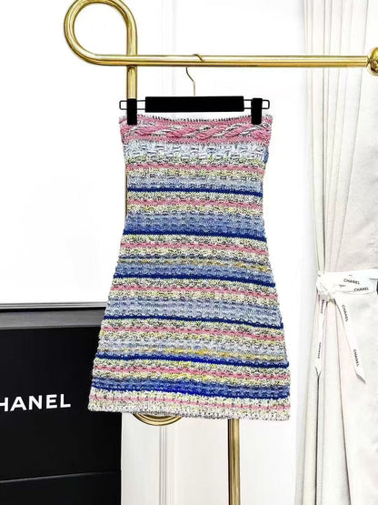 Chanel 21P Powder Blue and Blue Striped Knitted Halter Neck Dress