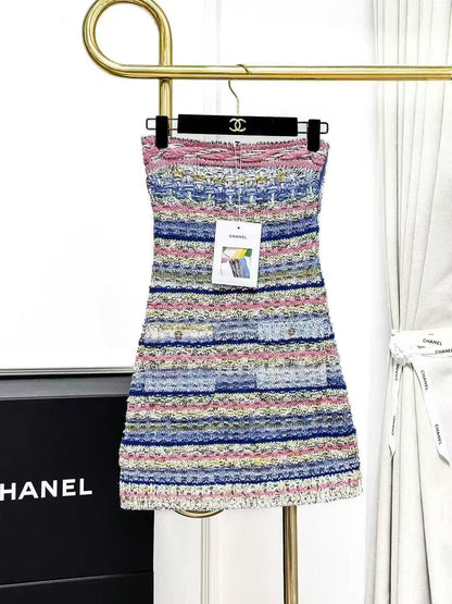Chanel 21P Powder Blue and Blue Striped Knitted Halter Neck Dress