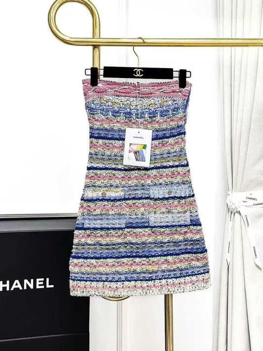 Chanel 21P Powder Blue and Blue Striped Knitted Halter Neck Dress