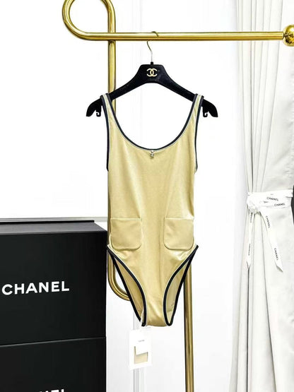 Chanel 25M Coco Beach Gold-trimmed Black One-piece Swimsuit