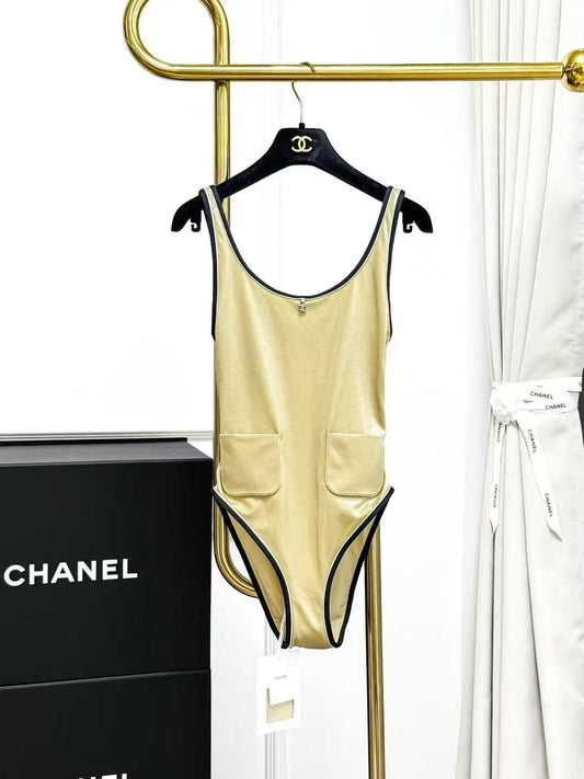 Chanel 25M Coco Beach Gold-trimmed Black One-piece Swimsuit