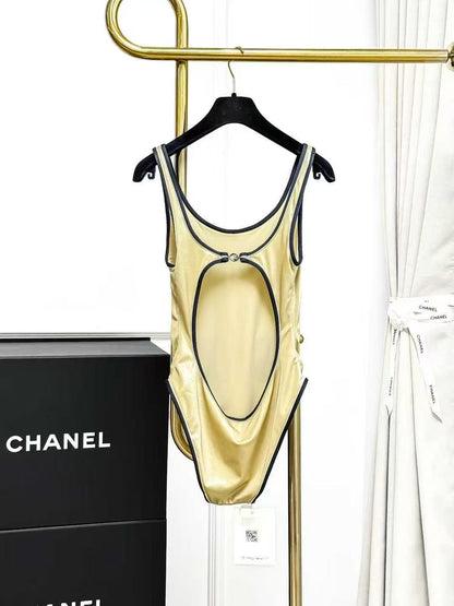 Chanel 25M Coco Beach Gold-trimmed Black One-piece Swimsuit