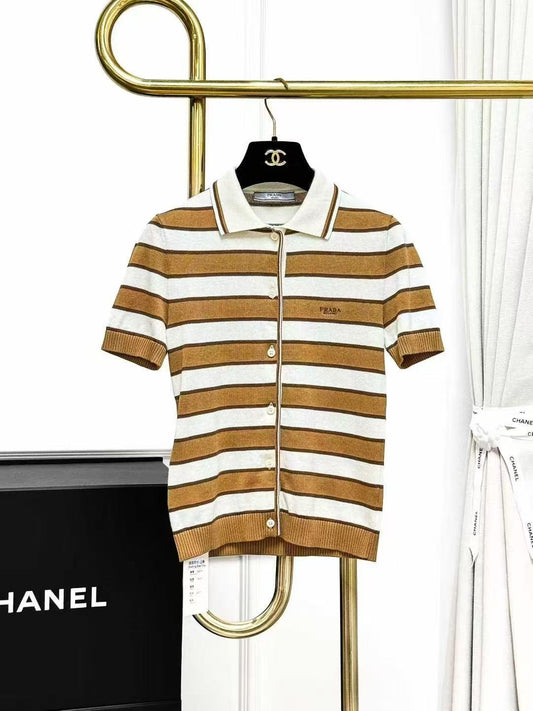 Prada Khaki and White Chunky Striped Polo Neck Short-Sleeved Knitted Top