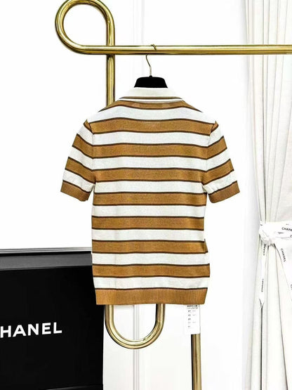 Prada Khaki and White Chunky Striped Polo Neck Short-Sleeved Knitted Top