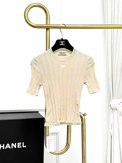 MiuMiu Light Khaki Lace-Trimmed Stretch Knit Short-Sleeved Top