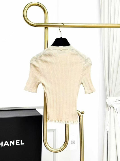 MiuMiu Light Khaki Lace-Trimmed Stretch Knit Short-Sleeved Top