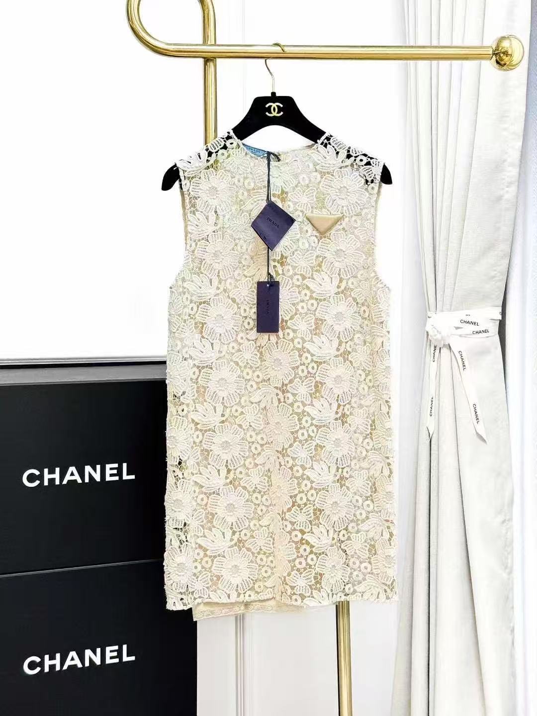 Prada Beige Floral Lace Sleeveless Slip Dress