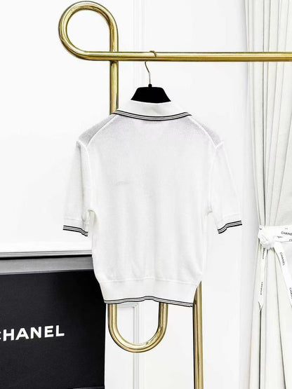 MiuMiu Black and White Colour-Block Polo Neck Knitted Short-Sleeved Top