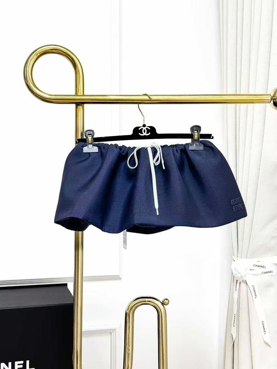 MiuMiu Navy Blue Embroidered Logo Drawstring Mini Skirt, Puffy Skirt