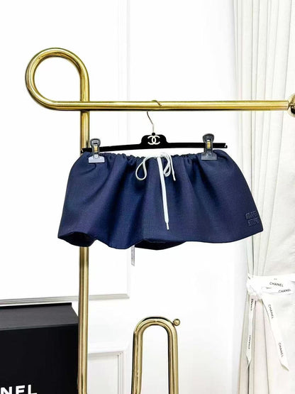 MiuMiu Navy Blue Embroidered Logo Drawstring Mini Skirt, Puffy Skirt