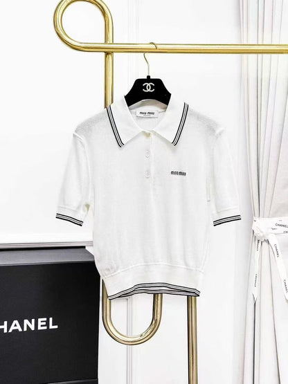 MiuMiu Black and White Colour-Block Polo Neck Knitted Short-Sleeved Top