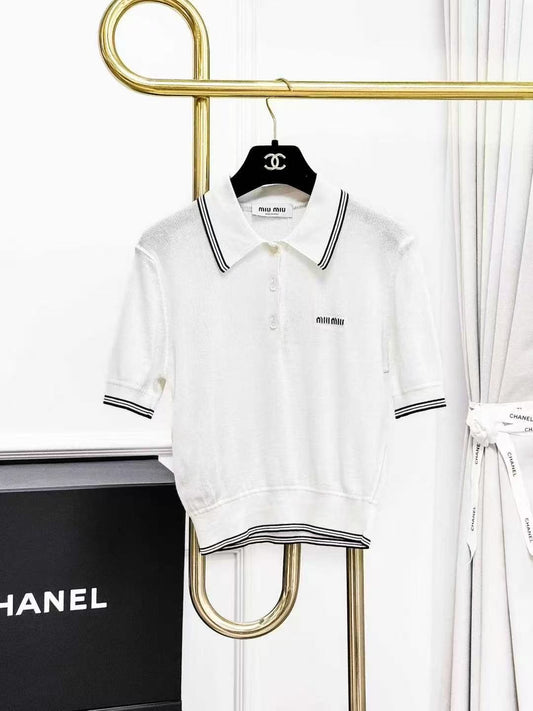 MiuMiu Black and White Colour-Block Polo Neck Knitted Short-Sleeved Top