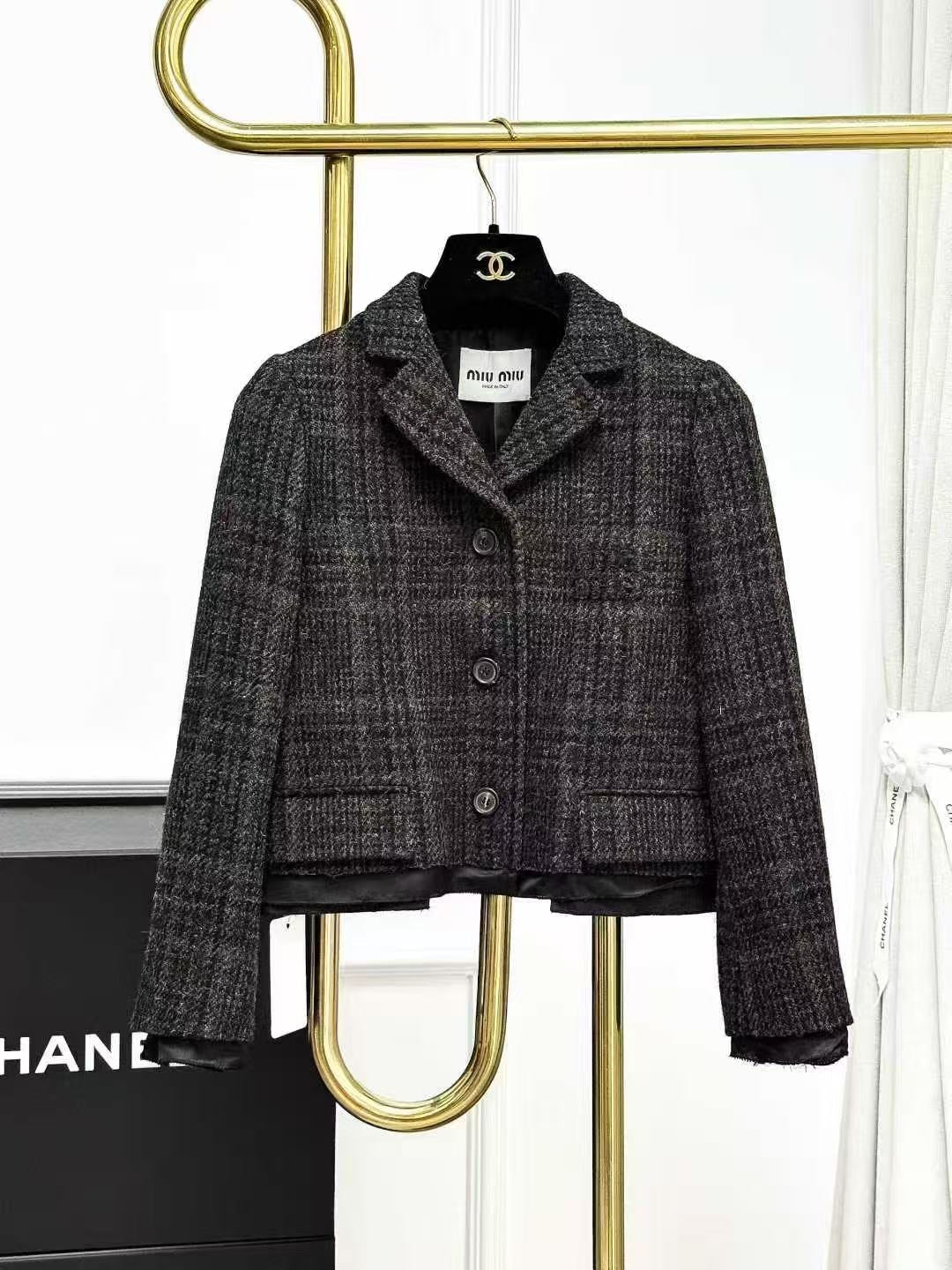 Miu Miu Dark Brown Mixed-Colour Check Knitted Blazer with Suit Collar
