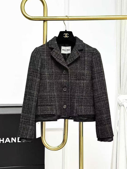Miu Miu Dark Brown Mixed-Colour Check Knitted Blazer with Suit Collar
