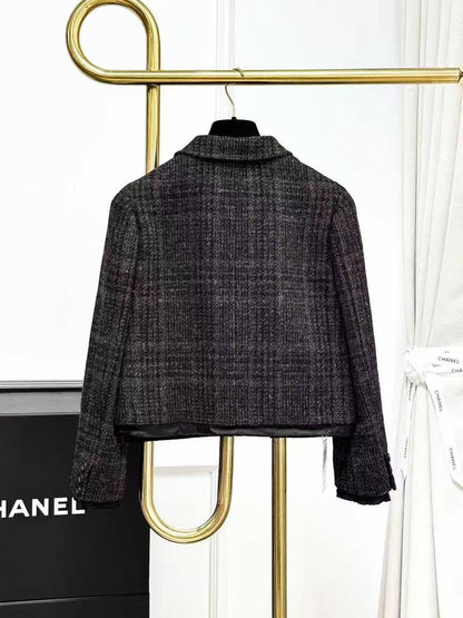 Miu Miu Dark Brown Mixed-Colour Check Knitted Blazer with Suit Collar
