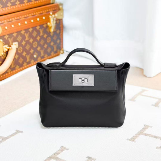 Hermes 2424 Mini black swift leather bag with silver buckle