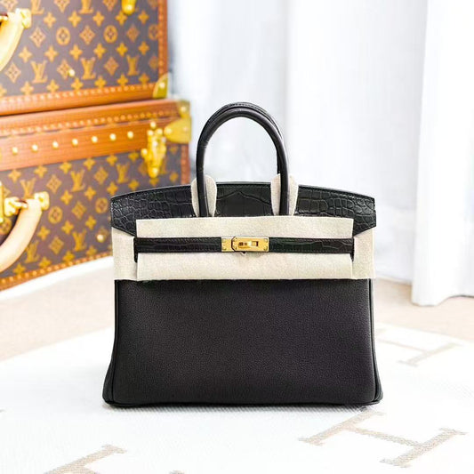 Hermes Birkin 25 in Black Gold with Matte Finish and Touch Gold Buckle in Crocodile