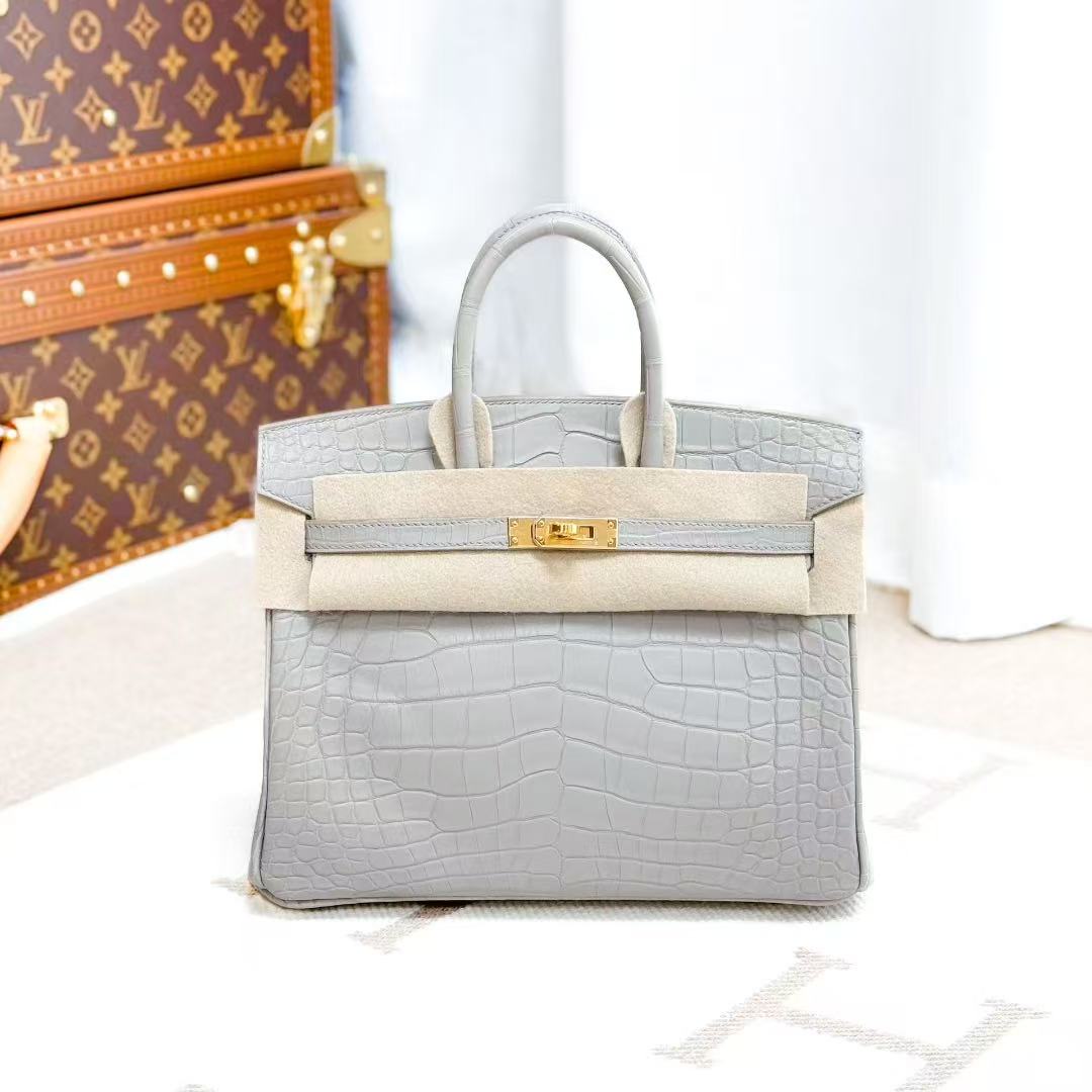 Hermes Birkin 25 0V Ice Crystal Grey Square Matte Crocodile