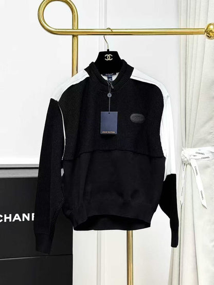 LV Black and White Block-Colour Crew Neck Knit Sweatshirt