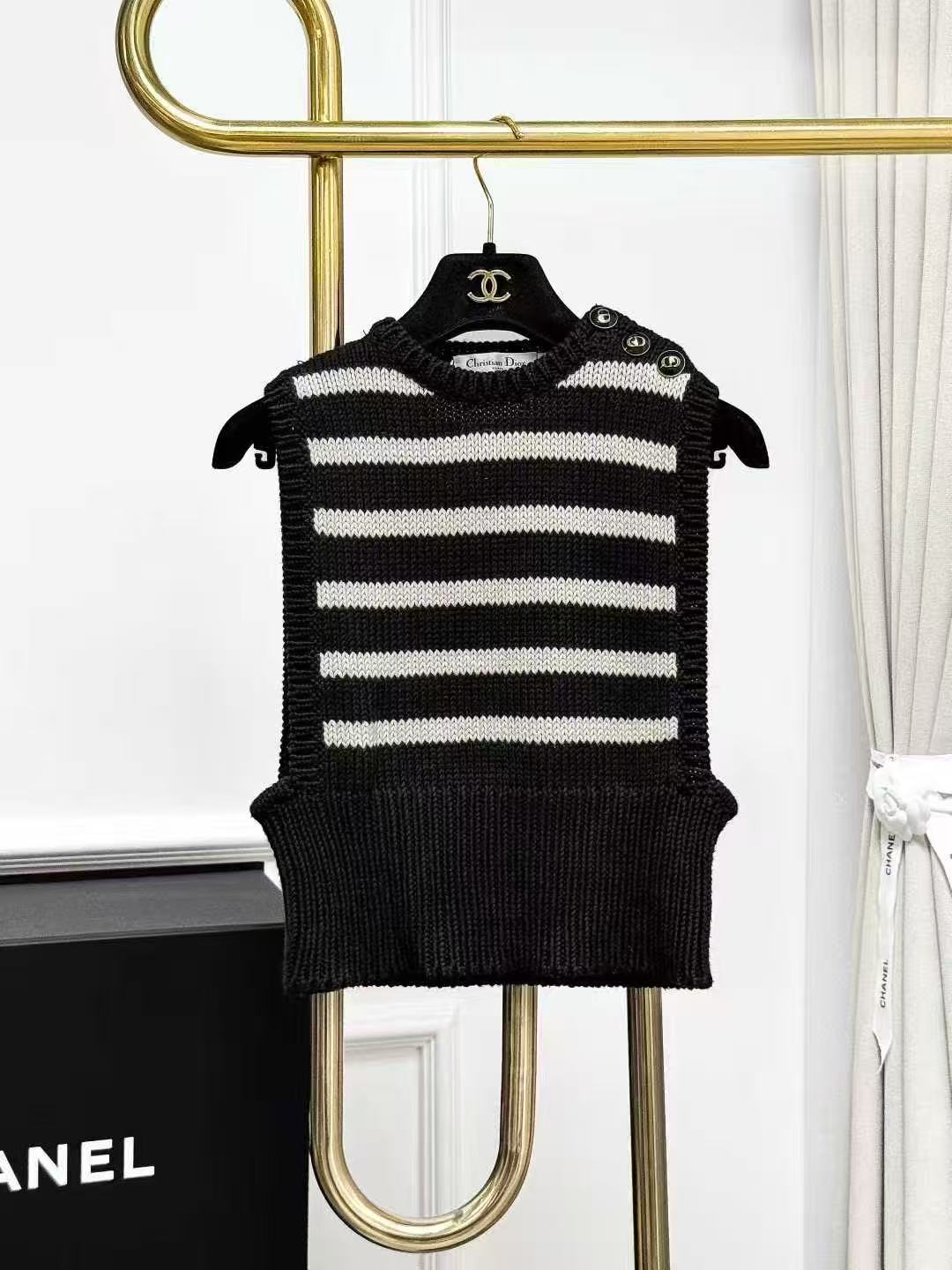 Dior Black and White Striped CD Buckle Knitted Waistcoat