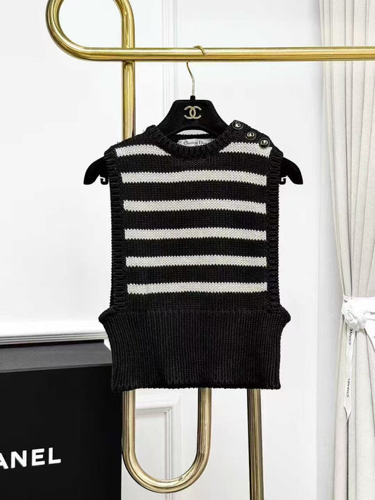 Dior Black and White Striped CD Buckle Knitted Waistcoat