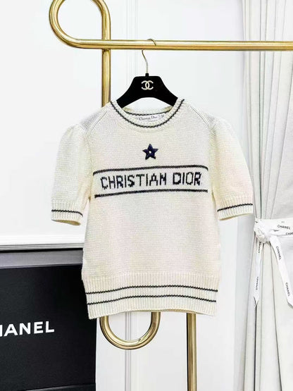 Dior Classic Lucky Star Off-White Knitted Wool Short-Sleeved Top, Sweater