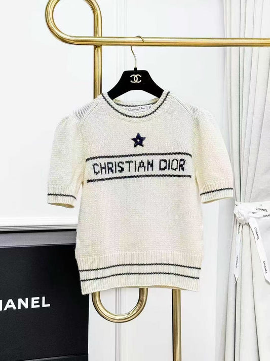 Dior Classic Lucky Star Off-White Knitted Wool Short-Sleeved Top, Sweater