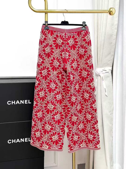 Chanel 20P Red Floral Lace-Up Knitted Wide-Leg Trousers, Long Trousers