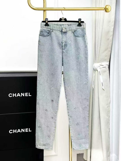 Chanel 21K Autumn/Winter Sequinned Double C Blue Gradient Denim Trousers
