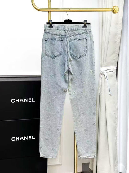 Chanel 21K Autumn/Winter Sequinned Double C Blue Gradient Denim Trousers