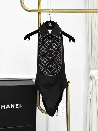 Chanel 23C Full Diamond-Studded Diamond-Patterned Logo Black Swimsuit