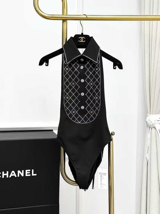 Chanel 23C Full Diamond-Studded Diamond-Patterned Logo Black Swimsuit