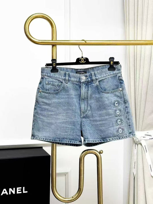 Chanel 25M Coco Beach Collection Embroidered Coco Denim Shorts