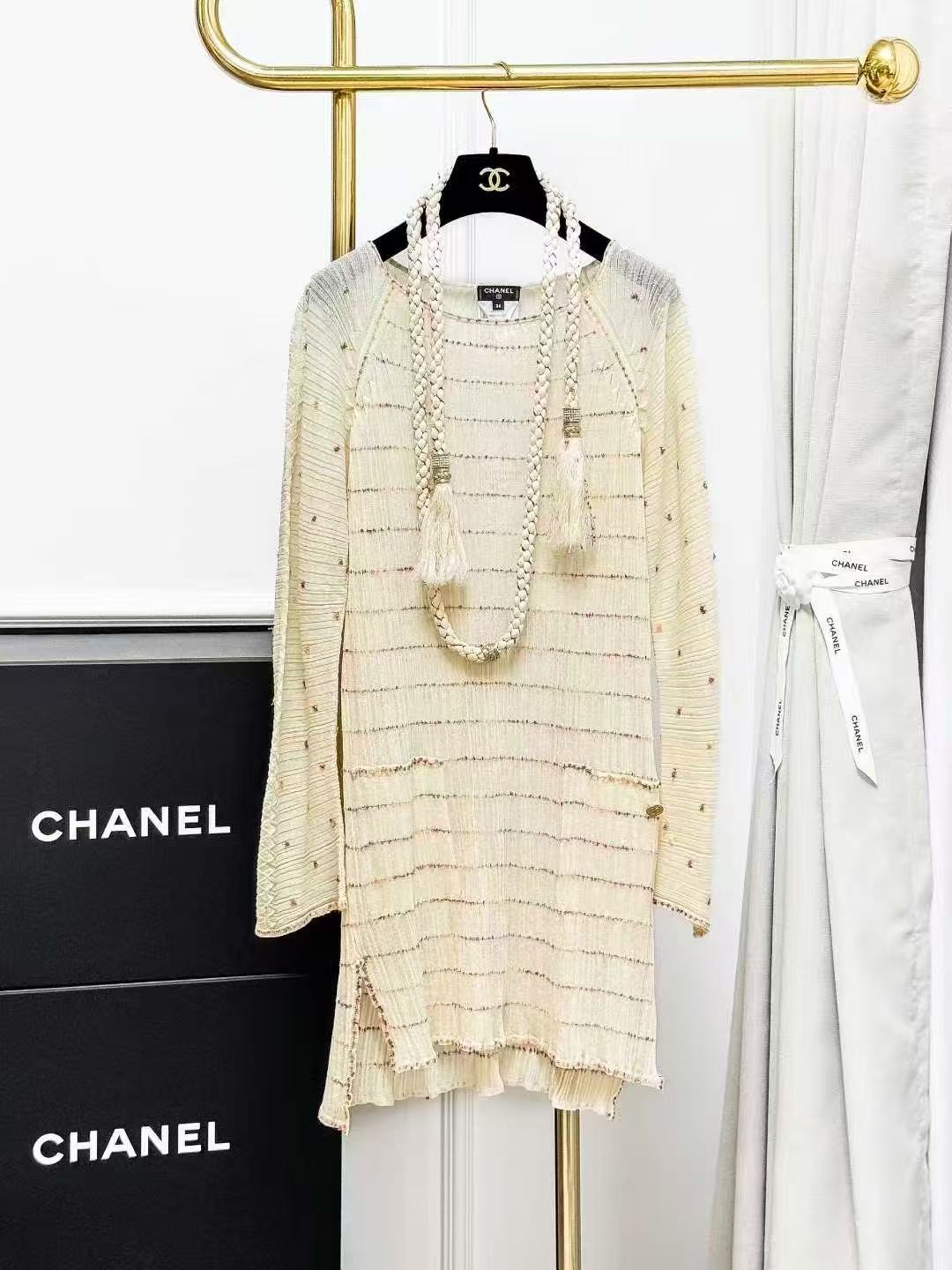 Chanel Greek Collection Lightweight Gold-Thread Knitted Long-Sleeved Dress
